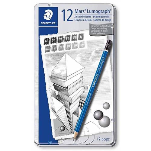 Pack de 12 lápices de dibujo de distinta dureza.