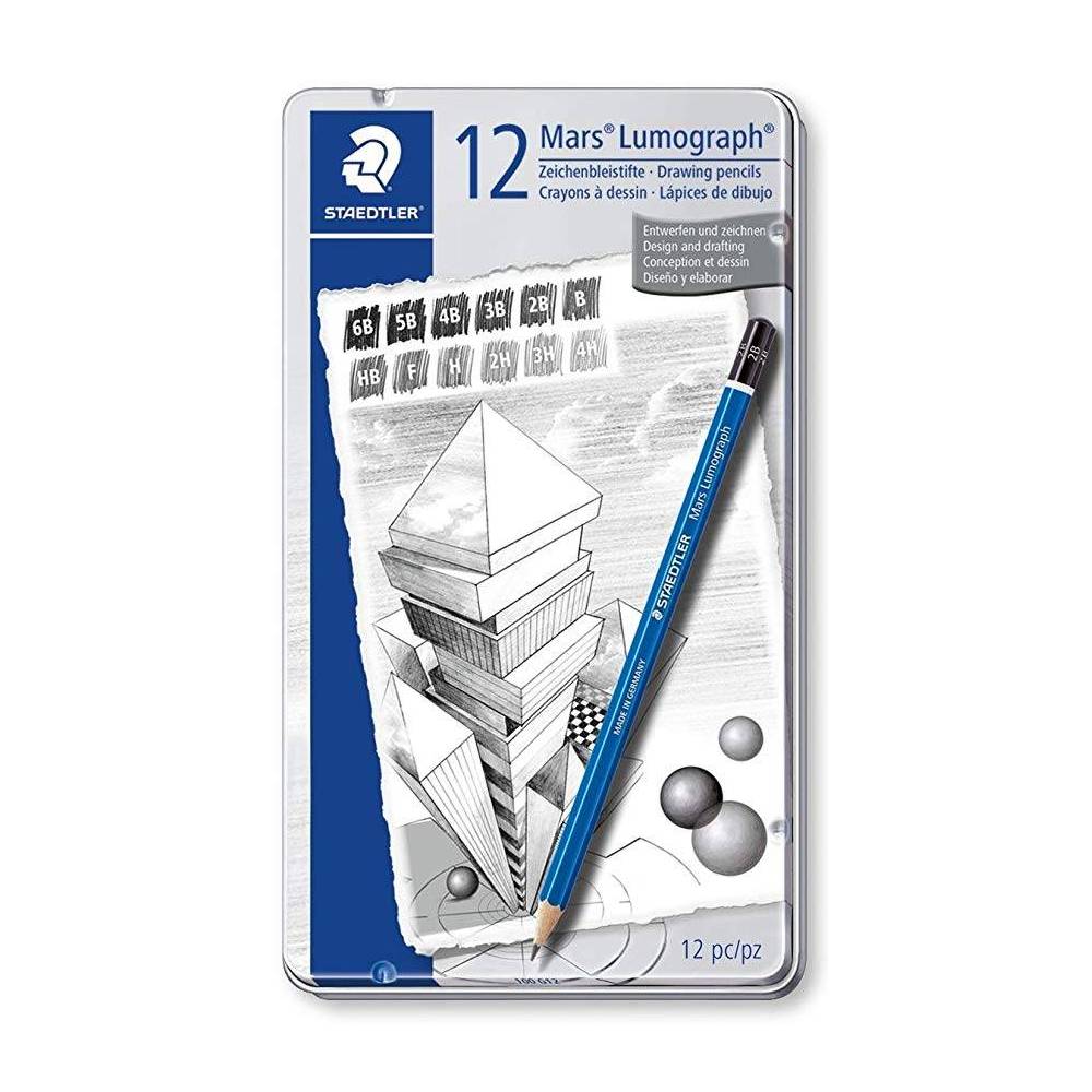 Pack de 12 lápices de dibujo de distinta dureza.